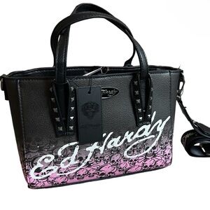 ED HARDY SMALL BLACK & PINK SKULLS RHINESTONE & STUDS CROSSBODY TOTE PURSE NWT